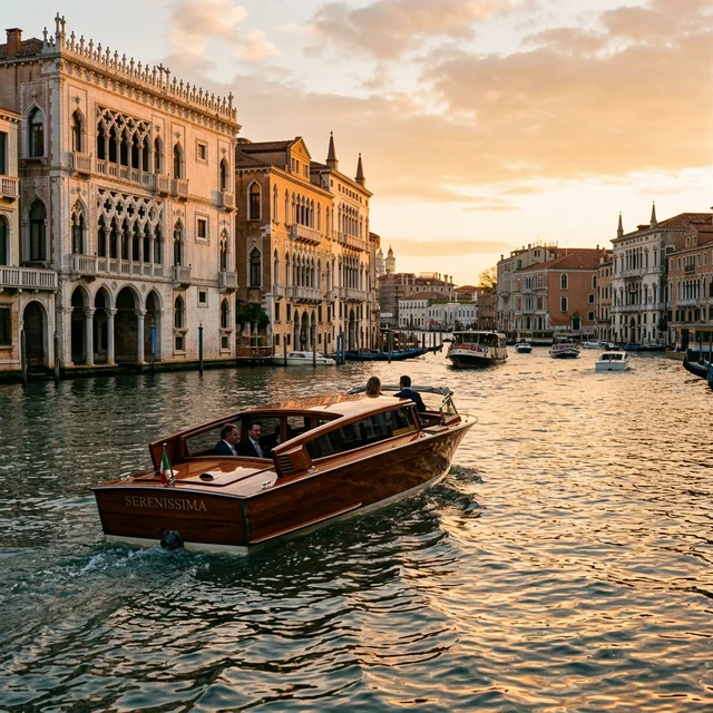 Private water taxi transfer from Marco Polo Airport gliding through Venice Grand Canal at sunset